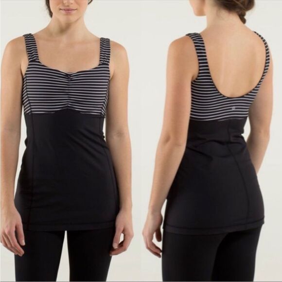 LULULEMON ATHLETICA | Aria II Black & White Striped Long Tank Top Women’s Size 2 - Picture 1 of 8